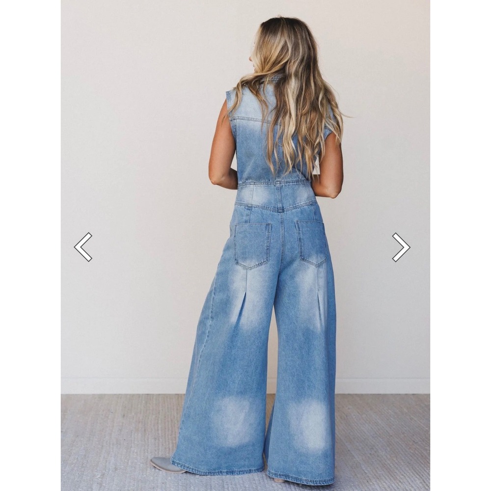 Bucket List Womens Denim Jumpsuit Light Wash Sleeveless Wide Leg Culotte Large - Picture 2 of 14